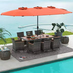 Costway 10 Pieces Patio Wicker Dining Set with Double-Sided Patio Umbrella 8 Armchairs Grey/Red/Orange/Turquoise/Beige/Coffee