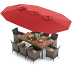 Costway 10 Pieces Patio Wicker Dining Set with Double-Sided Patio Umbrella 8 Armchairs Grey/Red/Orange/Turquoise/Beige/Coffee
