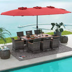 Costway 10 Pieces Patio Wicker Dining Set with Double-Sided Patio Umbrella 8 Armchairs Grey/Red/Orange/Turquoise/Beige/Coffee