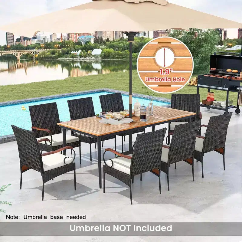 Costway 9 PCS Patio Dining Set with Acacia Wood Tabletop 1.9 Umbrella Hole Outdoor