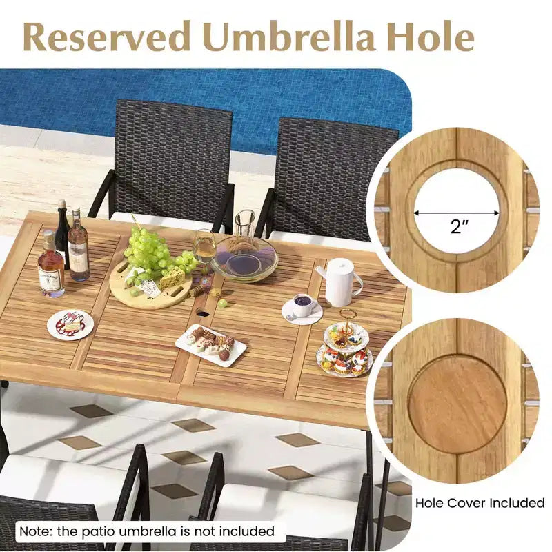 Costway 7 PCS Patio Dining Set with Acacia Wood Dining Table Rattan Armchairs Soft Cushions