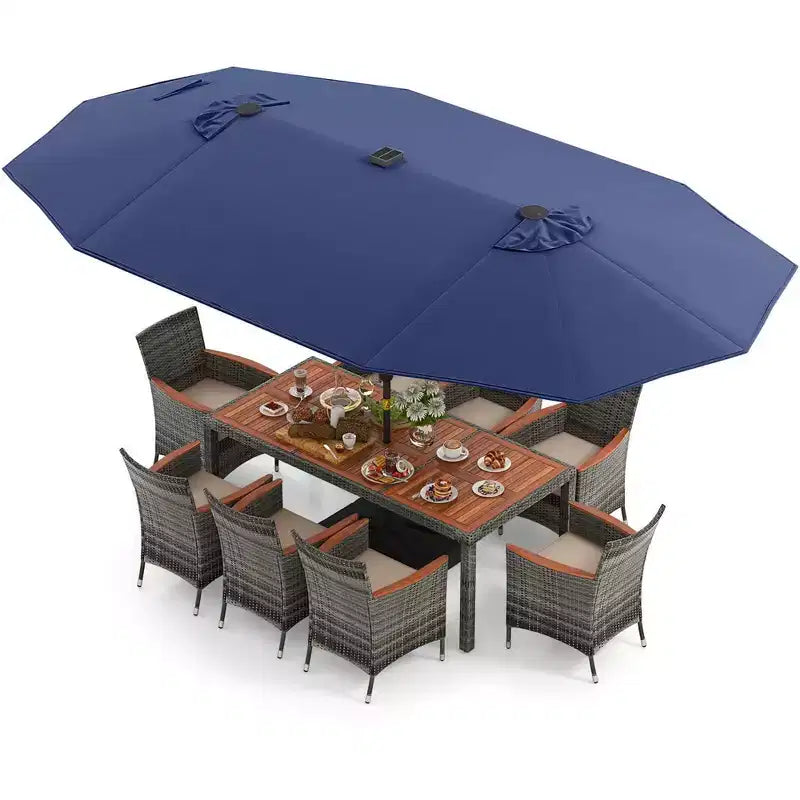 Costway 11 PCS Patio Dining Set with 15 ft Double-Sided Patio Umbrella 8 Armchairs Blue/Beige/Orange/Wine