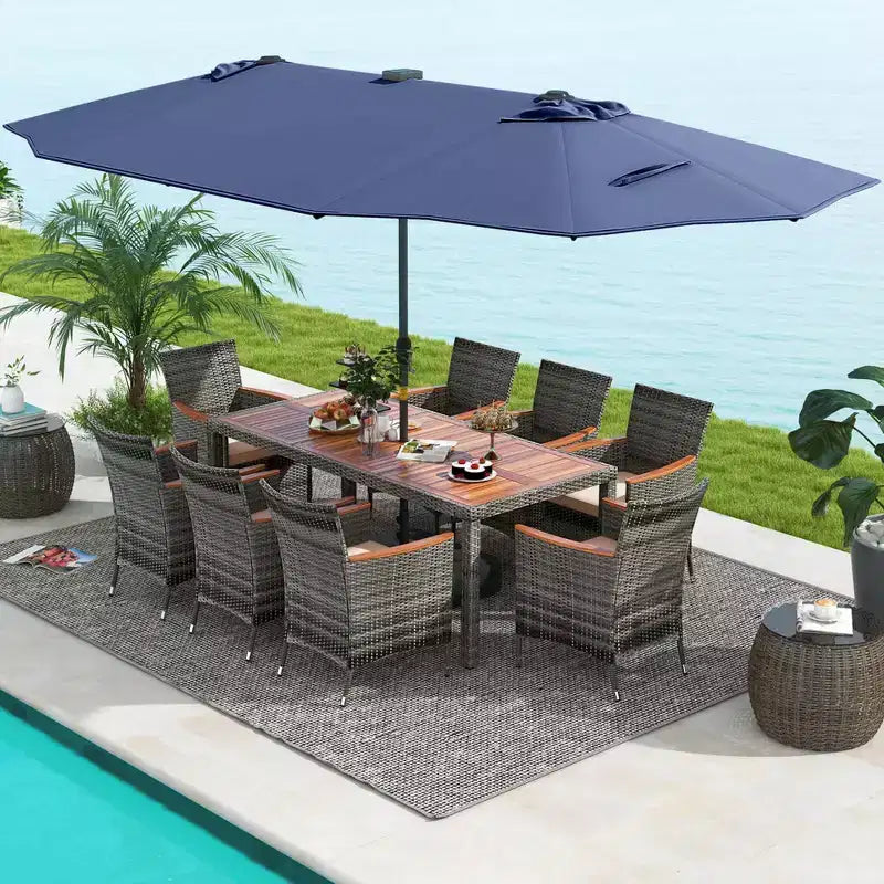 Costway 11 PCS Patio Dining Set with 15 ft Double-Sided Patio Umbrella 8 Armchairs Blue/Beige/Orange/Wine