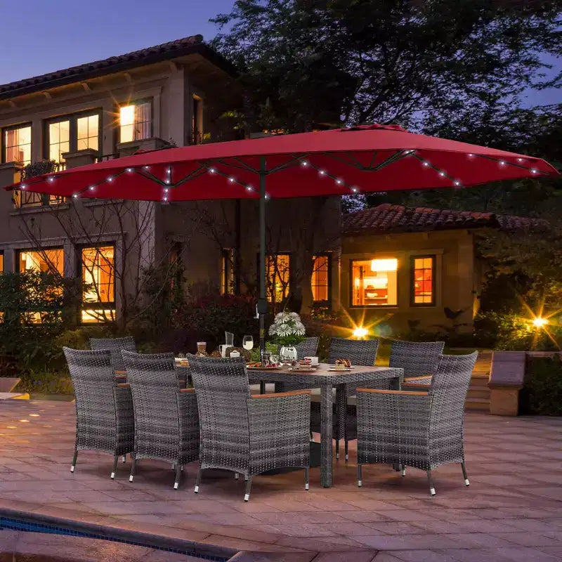 Costway 11 PCS Patio Dining Set with 15 ft Double-Sided Patio Umbrella 8 Armchairs Blue/Beige/Orange/Wine