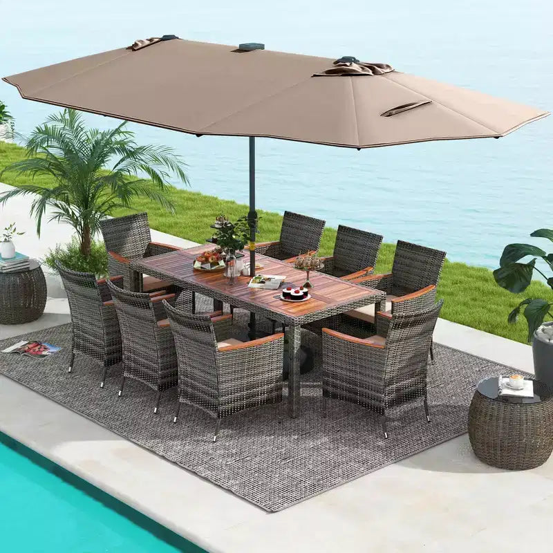 Costway 11 PCS Patio Dining Set with 15 ft Double-Sided Patio Umbrella 8 Armchairs Blue/Beige/Orange/Wine