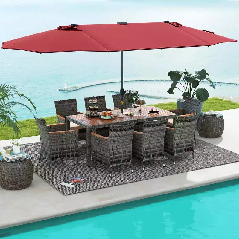 Costway 11 PCS Patio Dining Set with 15 ft Double-Sided Patio Umbrella 8 Armchairs Blue/Beige/Orange/Wine