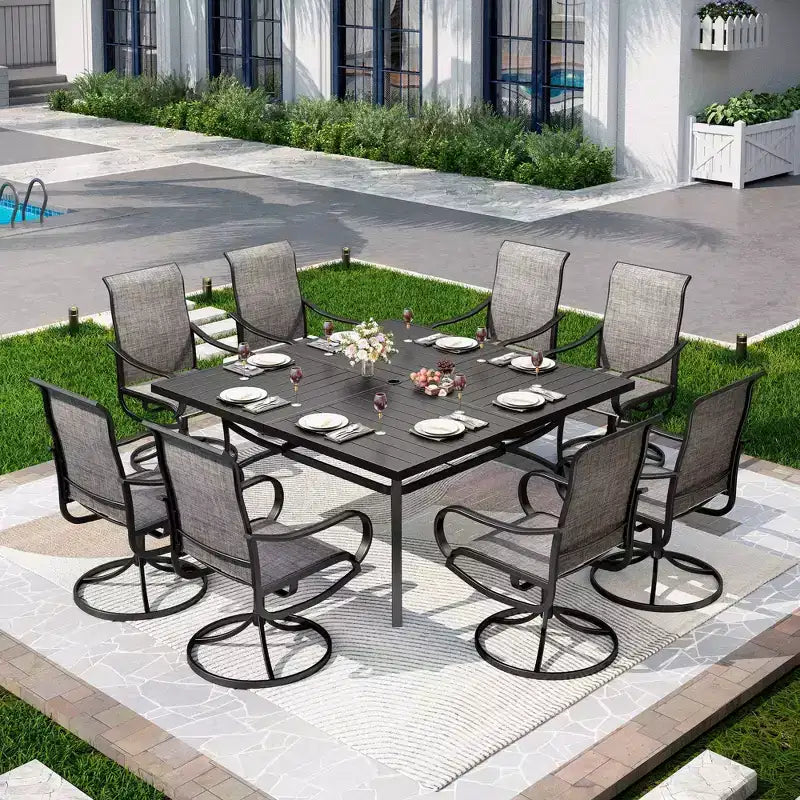 Captiva Designs 9pc Outdoor Slat-top Square Metal Dining Table and Sling Swivel Chairs