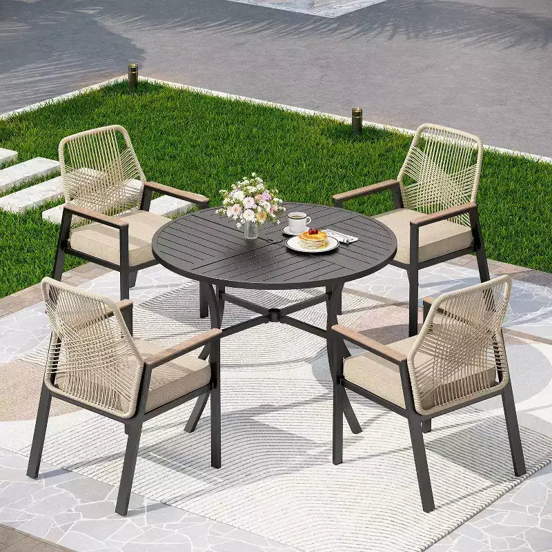 Captiva Designs 5pc Patio Slat-top Round Metal Dining Table and Thick Cushion Swivel Wicker Chairs