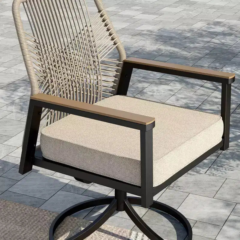 Captiva Designs 7pc Slat-top Round Steel Dining Table and Swivel Wicker Chairs with Thick Cushions