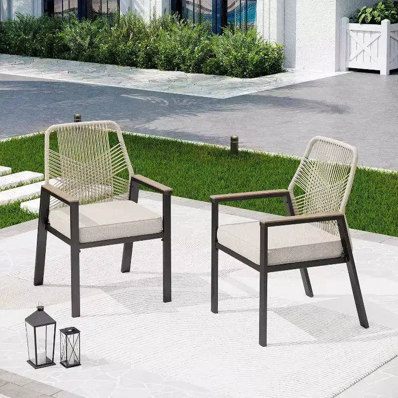 Captiva Designs 9pc Outdoor Dining Rectangle Steel Table and Thick Cushion Fixed Wicker Chairs
